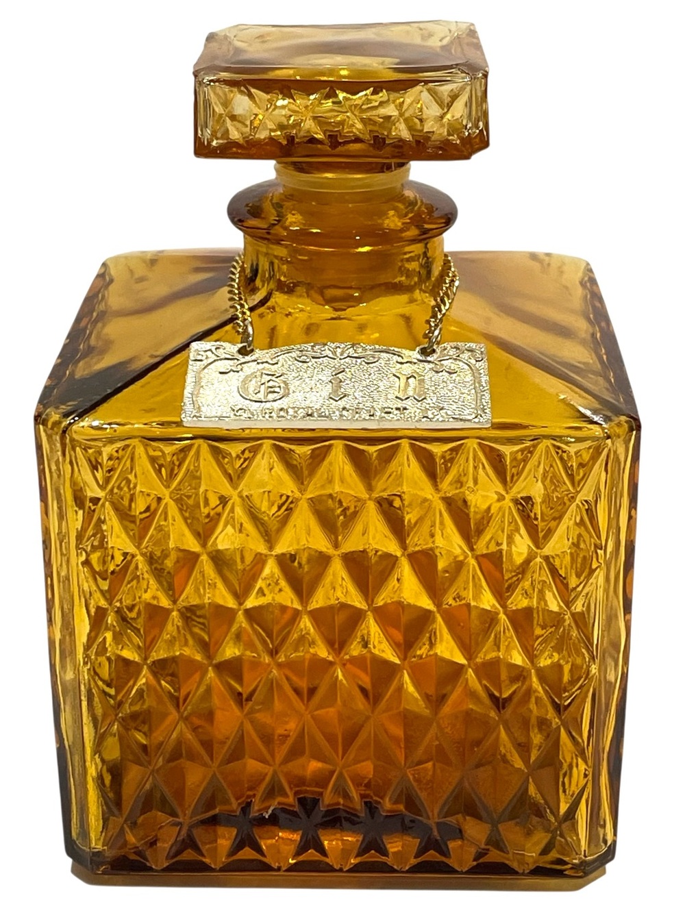 Vintage 1970s Decanter Amber Pressed Diamond Point Square Glass - Scotch / Gin